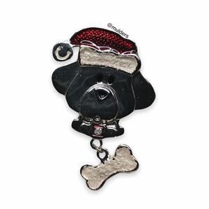 Vintage Puppy Dog Silver Tone Santa Hat & Dangly Bone Charm Brooch Pin